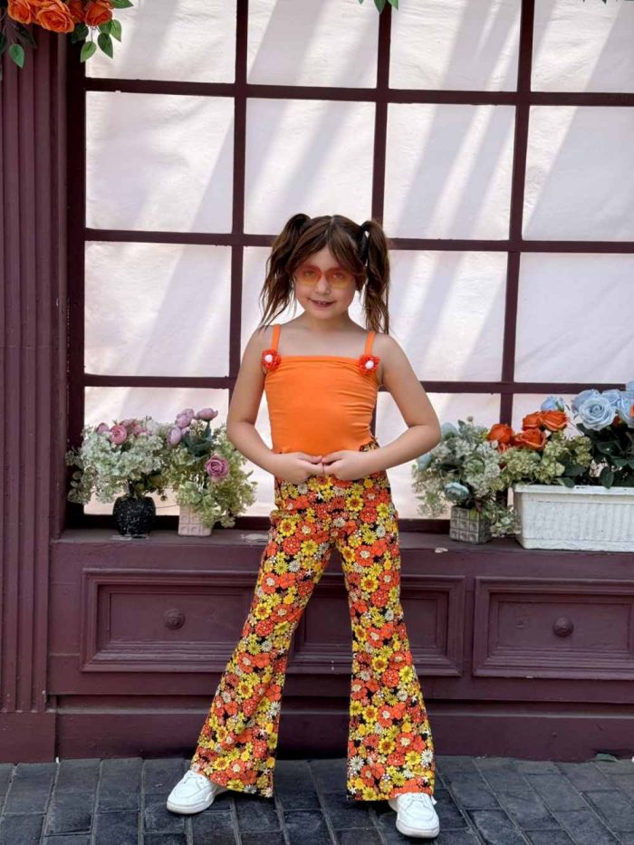 3D Flowers Top &Floral Print Flare Pants - Image 2