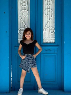 Rose Pattern Denim Mini Skort