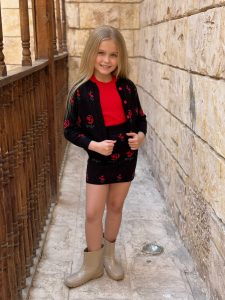 3PCS Set Solid Basic Top & Floral Knitted Jacket & Skirt