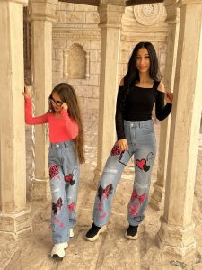 Heart & Bow Print Ripped Straight Leg Jeans