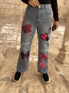 Heart & Bow Print Ripped Straight Leg Jeans - Image 3