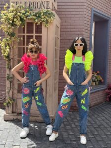 Blue Denim Overalls With Floral Smiling Face Graffiti Patterns Jeans Jumpsuit