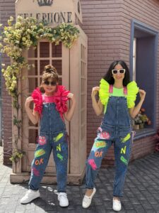Blue Denim Overalls With Floral Smiling Face Graffiti Patterns Jeans Jumpsuit - Image 2