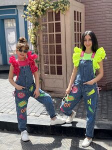 Blue Denim Overalls With Floral Smiling Face Graffiti Patterns Jeans Jumpsuit - Image 3