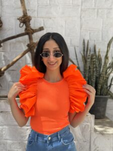 Ruffle Trim Scoop Neck Butterfly Sleeve Peplum Blouse - Image 4