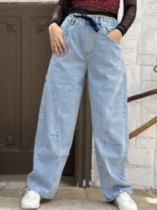 ⁦بنطلون جينز برجل واسعه استك علي الوسط⁩ - الصورة ⁦3⁩