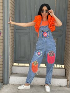Colorful Circles And Tassels Jeans Jumpsuit - Image 3