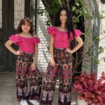 Solid Color Off Shoulder Ruffle Blouse & Loose Tie String Waist Wide Leg Printed Pants