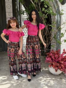 Solid Color Off Shoulder Ruffle Blouse & Loose Tie String Waist Wide Leg Printed Pants - Image 2