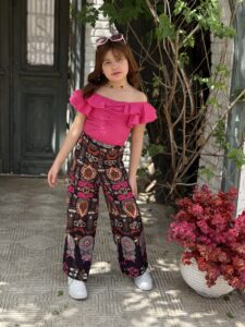 Solid Color Off Shoulder Ruffle Blouse & Loose Tie String Waist Wide Leg Printed Pants - Image 3