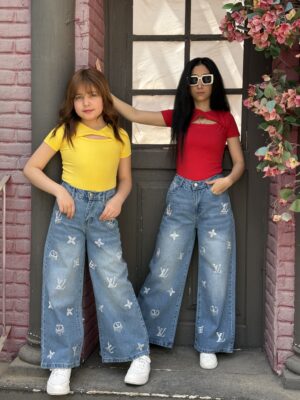 LV Rhinestone Low Waist Wide Leg Jeans Pants