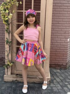 Elegant Solid Fitted Sweet Bow-Knot Tie Shoulder Cami Tank Top & Barbie Print Skirt Set With Headband - Image 2