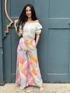 Puff Sleeves Off Shoulder Blouse & Color Block Wide-Leg Pants - Image 3