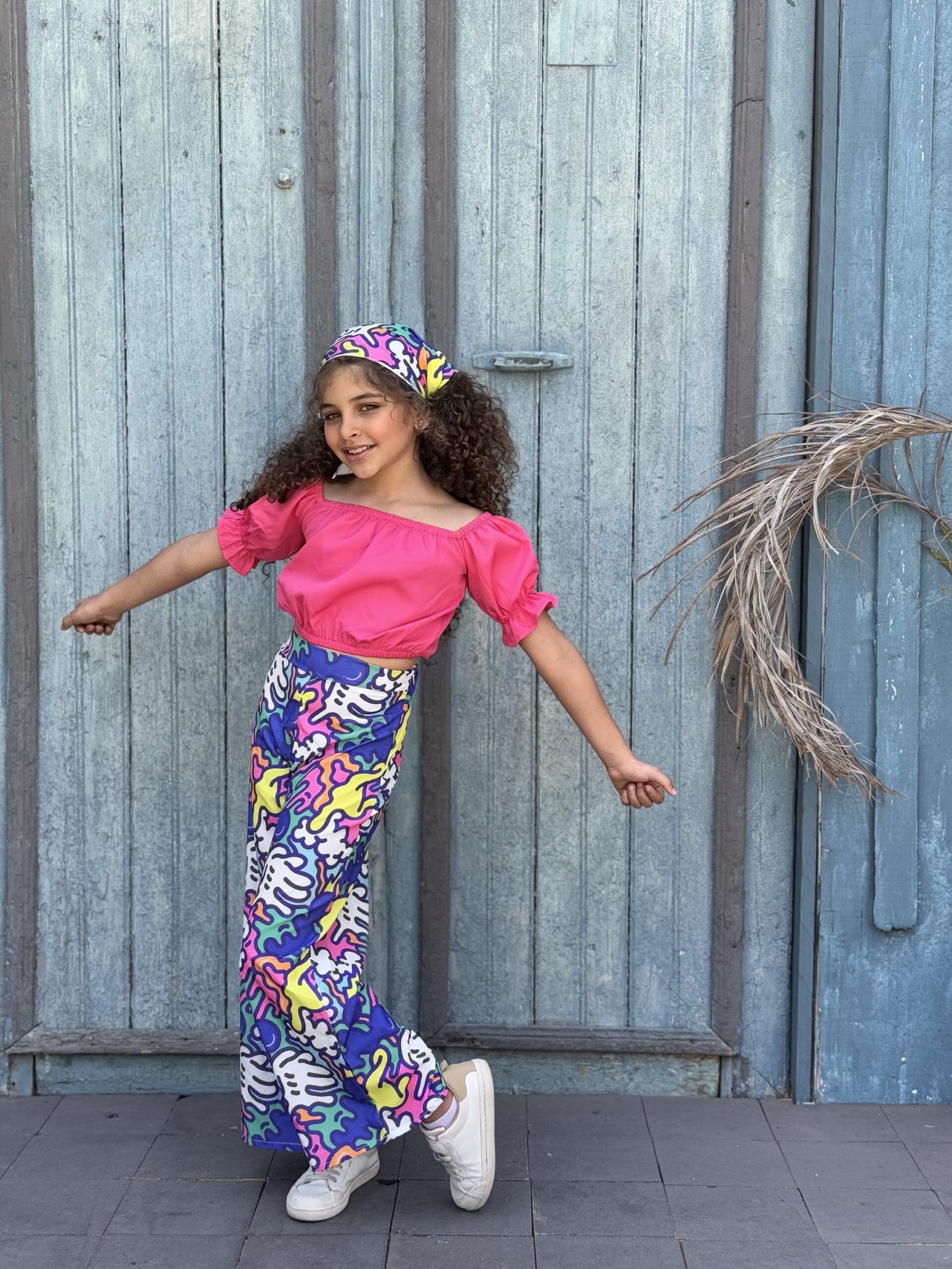 img_7538 Off Shoulder Frill Trim Blouse & Printed Woven Pants Set With Headband - Image 1