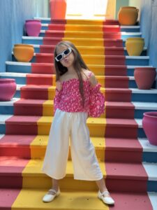 Off Shoulder Bell Sleeve Floral Top & Elastic Waist Belted Loose Textured Wide-Leg Pants Set - Image 3